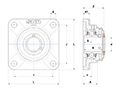 Four Bolt Square Flanged Unit, Stainless Steel Housing, Set Screw, Open Cover, SUCF Type - Dimensions